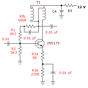 This image is copyright © by Ian C. Purdie VK2TIP - wideband rf amplifier with shunt feedback and emitter degeneration